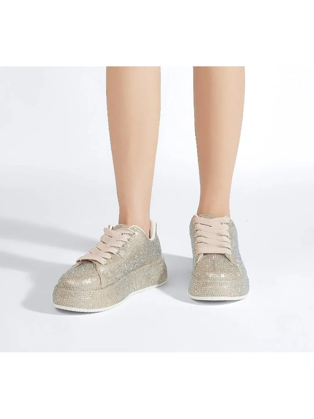 🆕Women's Gold Sparkly Glitter Bling Tennis Rhinestone Platform Sneakers